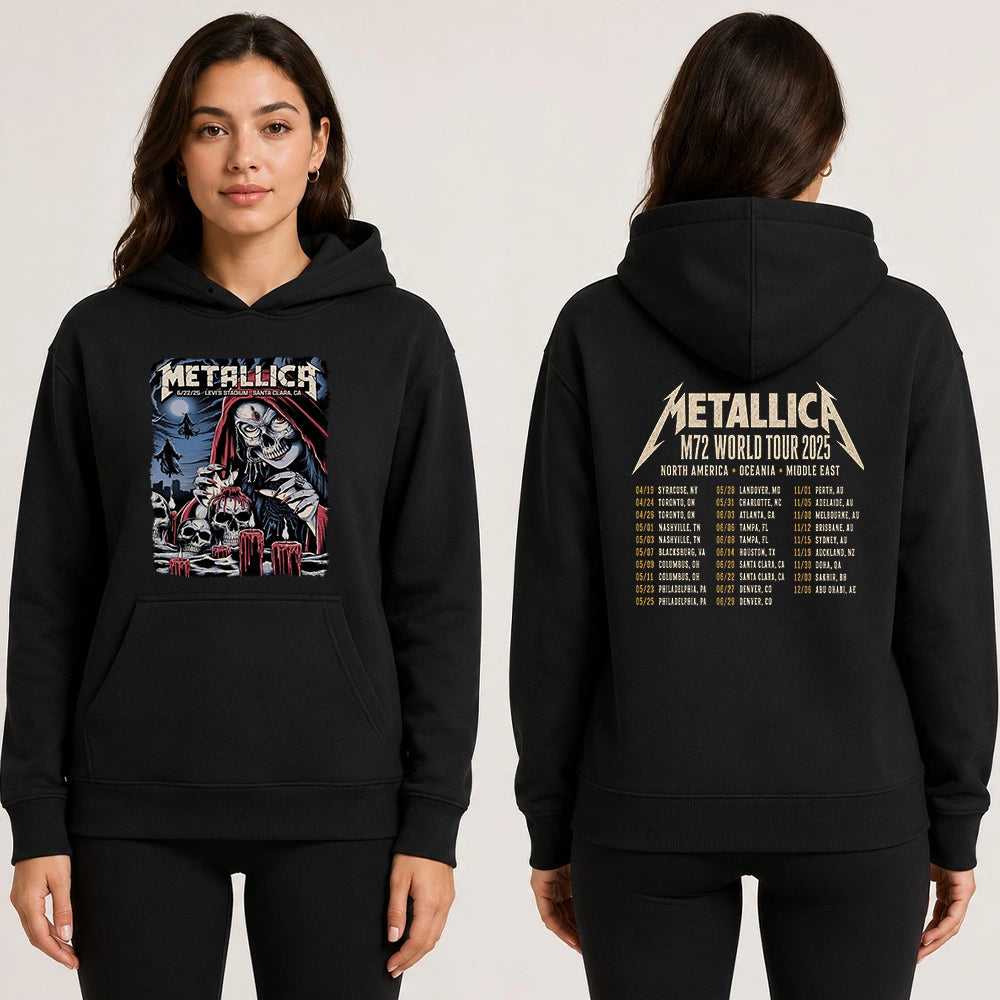 Metallica M72 World Tour June 22 2025 Levi's Stadium Santa Clara California United States 2 side T-shirt by Brandon Heart featuring a skull-faced priestess in a red hood, melting red candles, skulls, ghostly cloaked figures, full moon and M72 tour back print.